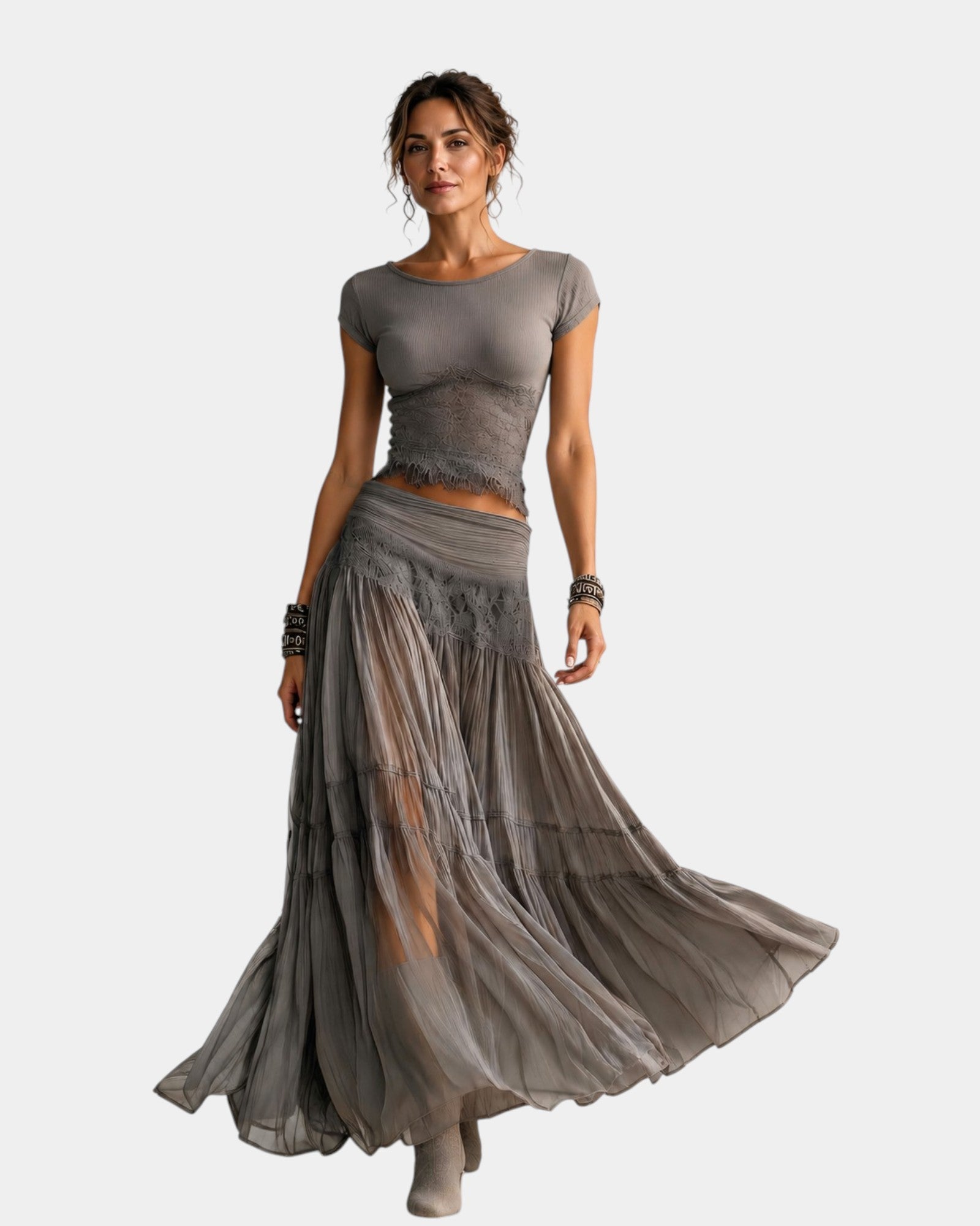 Emeline | Ensemble top en dentelle et jupe maxi plissée